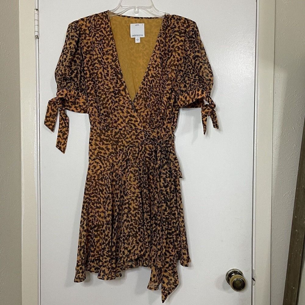 C/MEO COLLECTIVE yellow gold leopard print vneck side tie mini dress medium